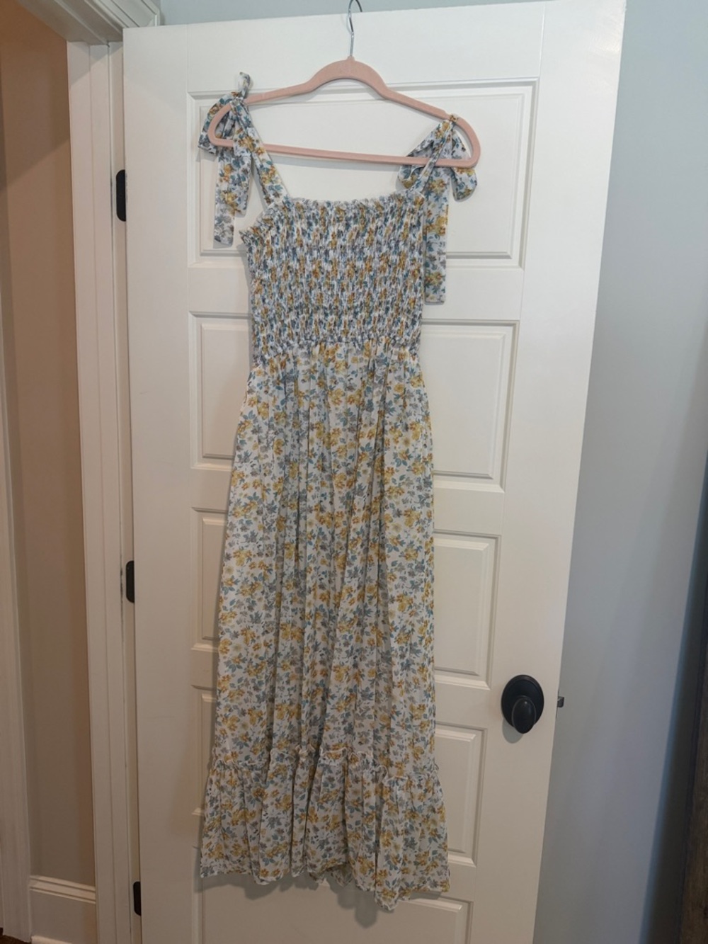 Petal & Pup White Floral Maxi Dress with Yellow and Blue Roses
